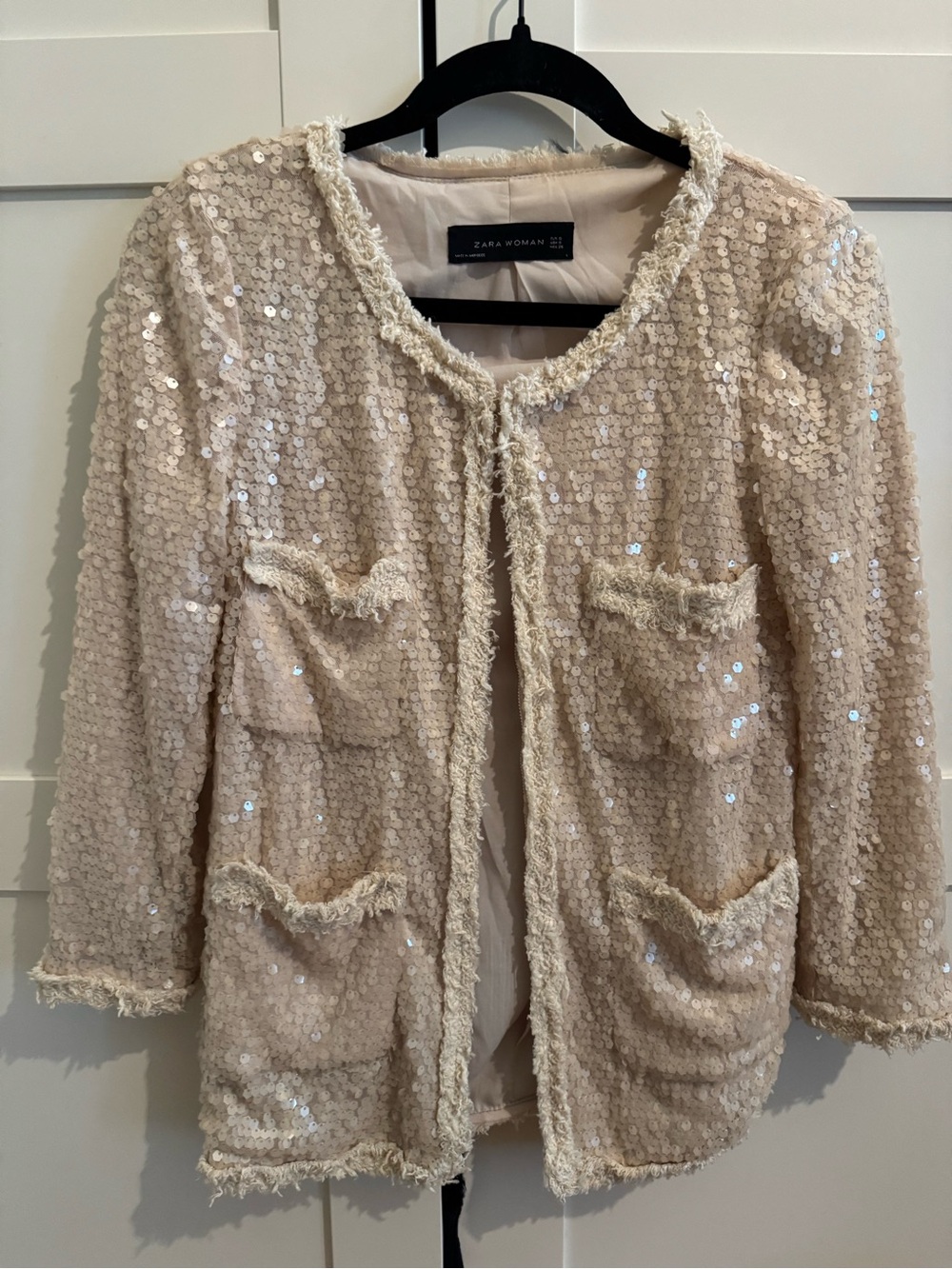 Zara Cream Sequin Fringe Open-Front Jacket